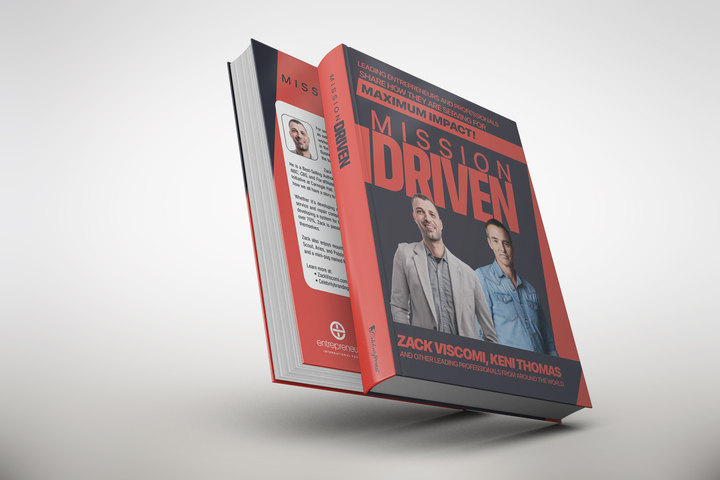 An image of the red and black covered book "Mission Driven" featuring Zack Viscomi and Keni Thomas.